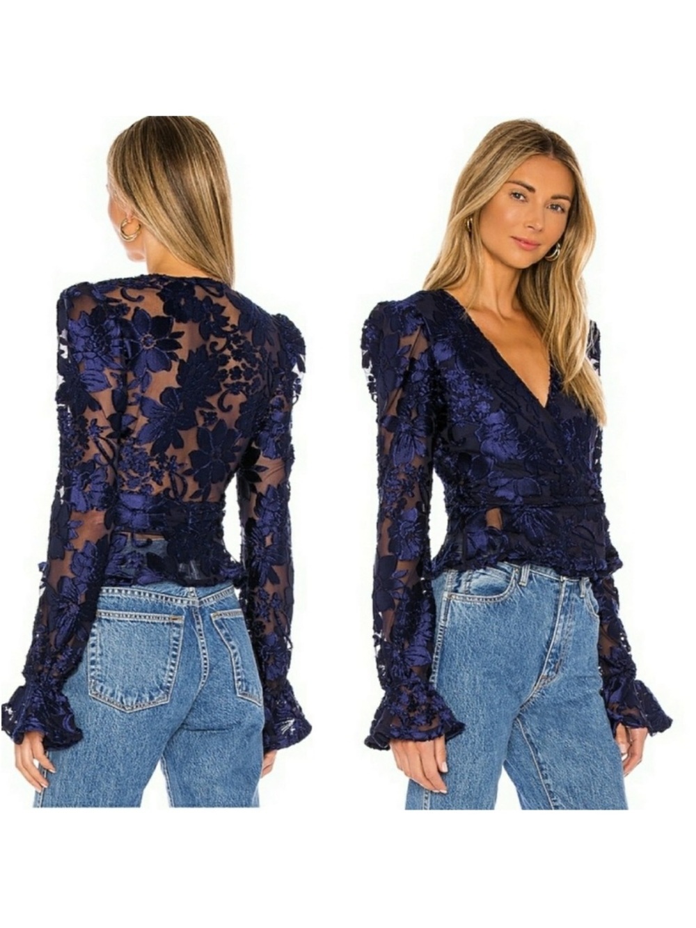 HOUSE OF HARLOW 1960 X REVOLVE Solana Blouse Blue Velvet Floral Small